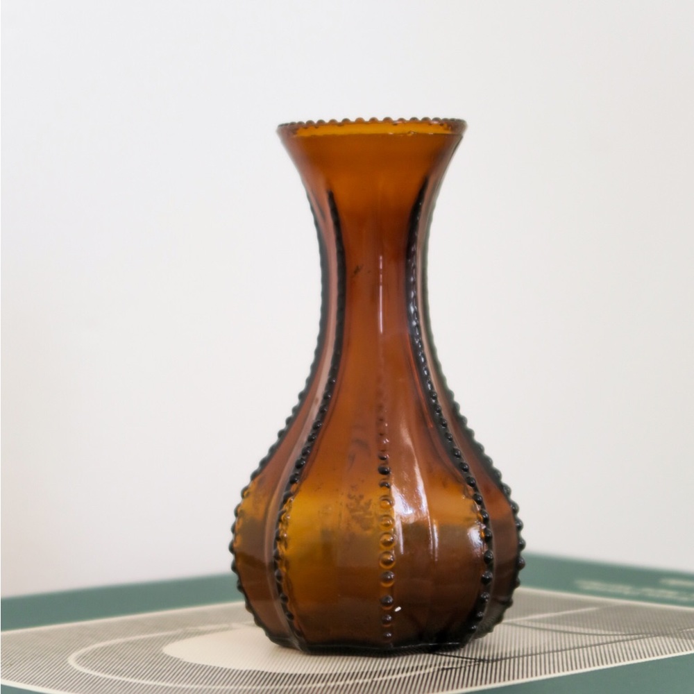 Vintage Amber Glass Bud Vase Hobnail Striped Ribbed Textured Dotted